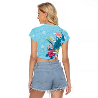 Hawaii Tropical Flowers Raglan Cropped T Shirt Polynesian Tattoo Sky Blue LT05 - Polynesian Pride