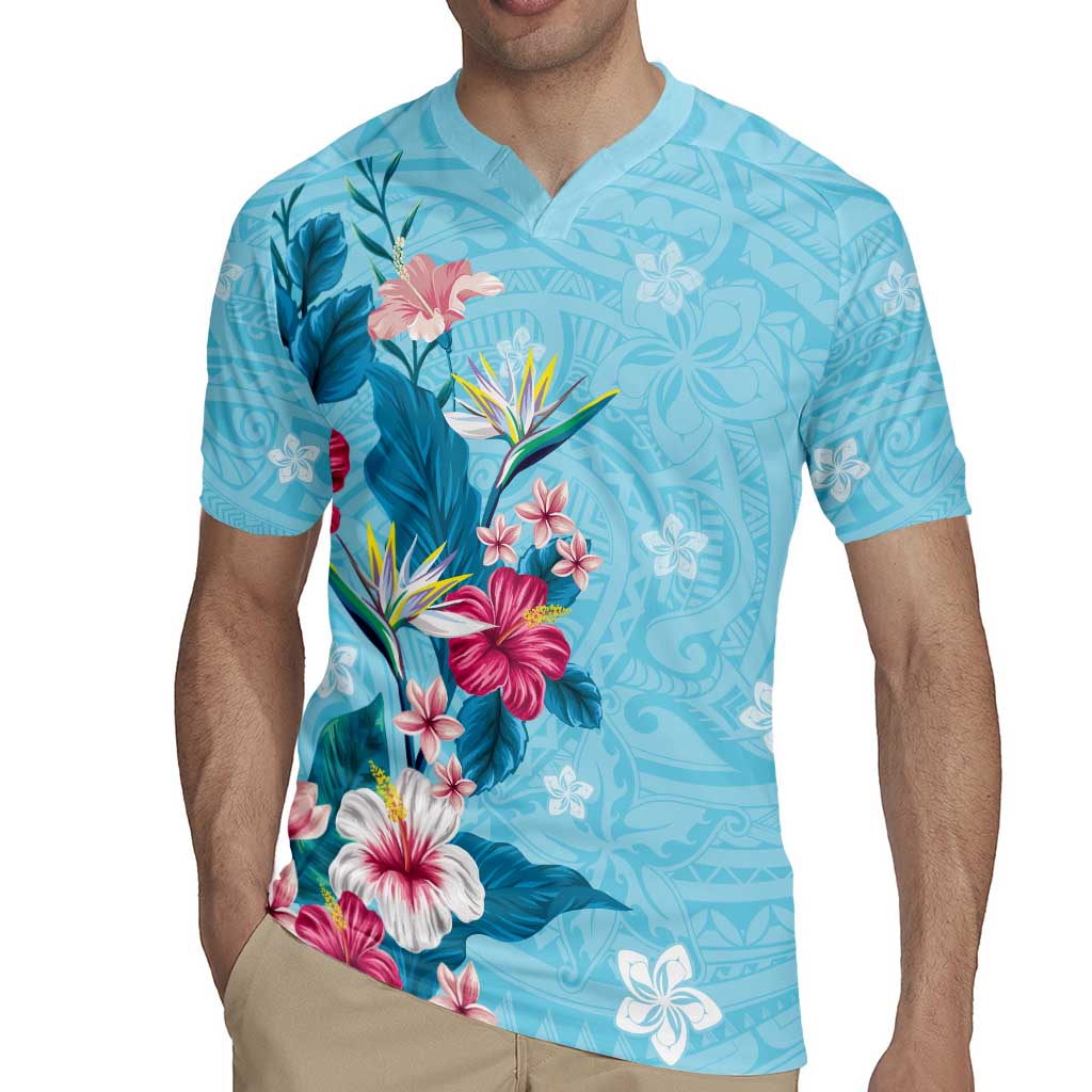 Hawaii Tropical Flowers Rugby Jersey Polynesian Tattoo Sky Blue