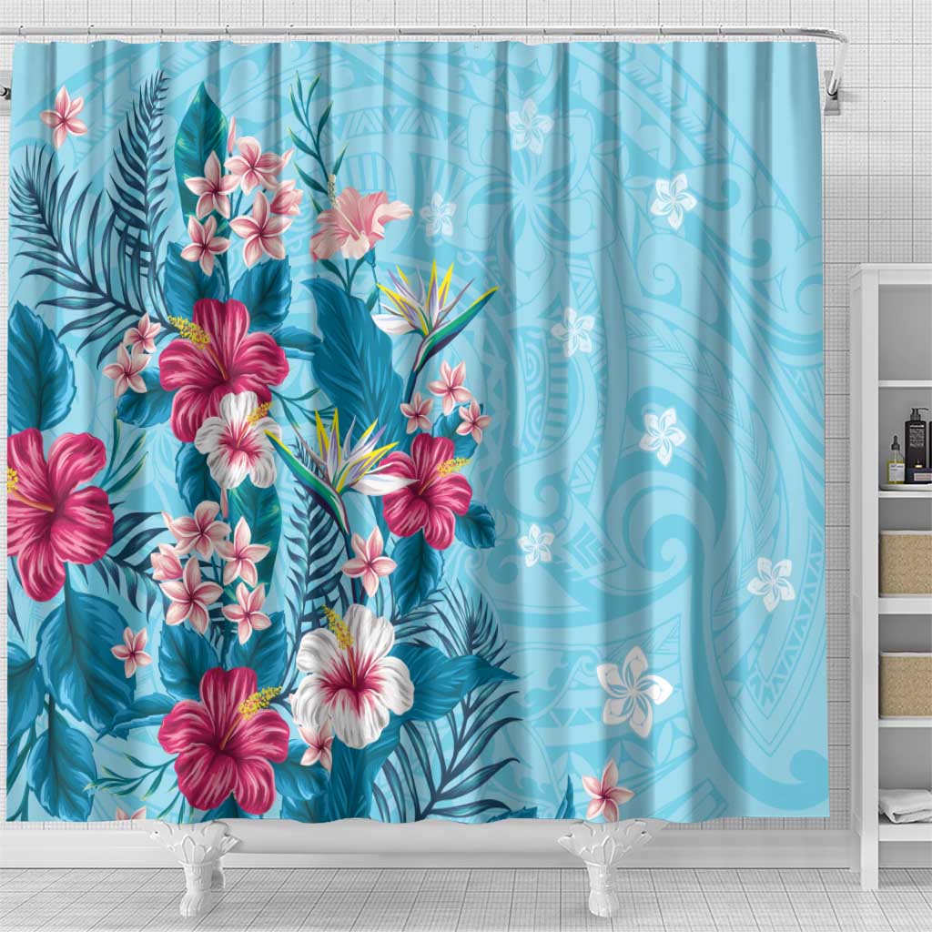 Hawaii Tropical Flowers Shower Curtain Polynesian Tattoo Sky Blue
