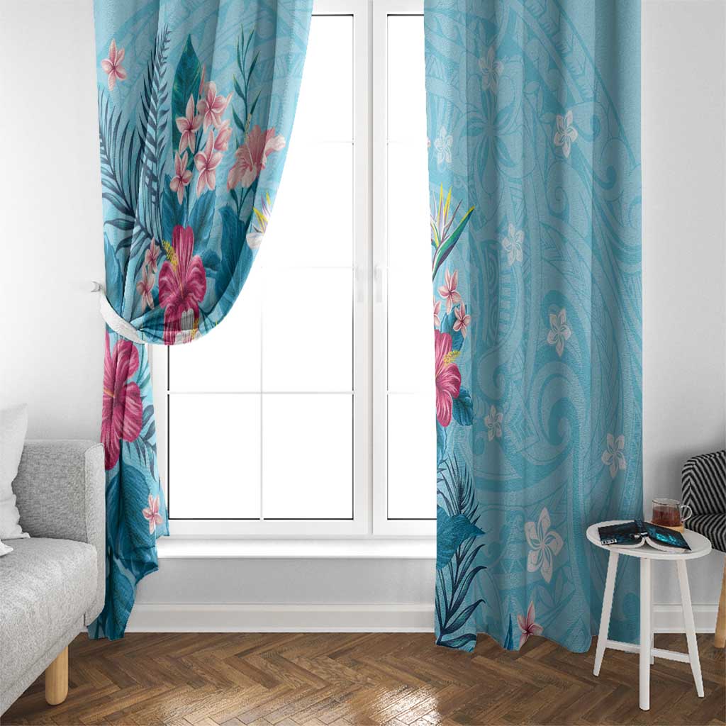 Hawaii Tropical Flowers Window Curtain Polynesian Tattoo Sky Blue