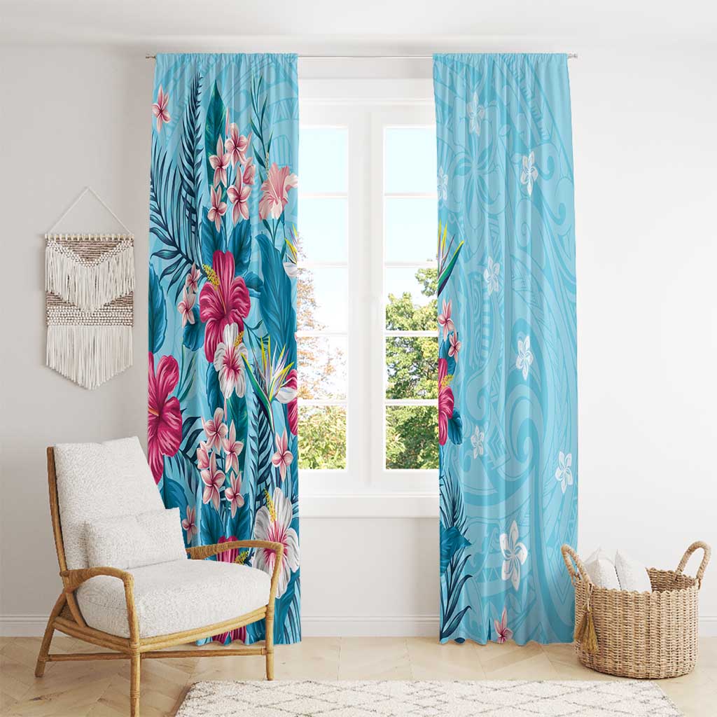 Hawaii Tropical Flowers Window Curtain Polynesian Tattoo Sky Blue