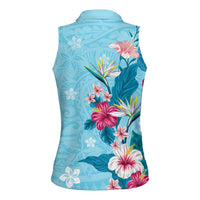 Hawaii Tropical Flowers Women Sleeveless Polo Shirt Polynesian Tattoo Sky Blue LT05 - Polynesian Pride