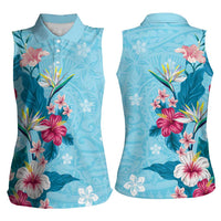 Hawaii Tropical Flowers Women Sleeveless Polo Shirt Polynesian Tattoo Sky Blue LT05 - Polynesian Pride