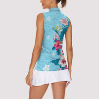 Hawaii Tropical Flowers Women Sleeveless Polo Shirt Polynesian Tattoo Sky Blue LT05 - Polynesian Pride
