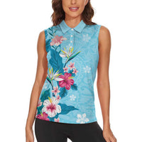 Hawaii Tropical Flowers Women Sleeveless Polo Shirt Polynesian Tattoo Sky Blue LT05 - Polynesian Pride