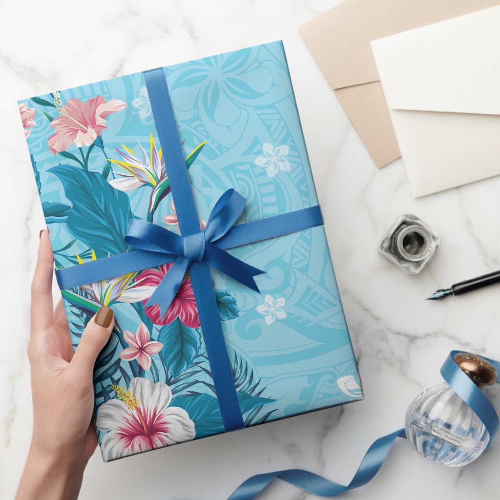 Hawaii Tropical Flowers Wrapping Paper Polynesian Tattoo Sky Blue - Polynesian Pride