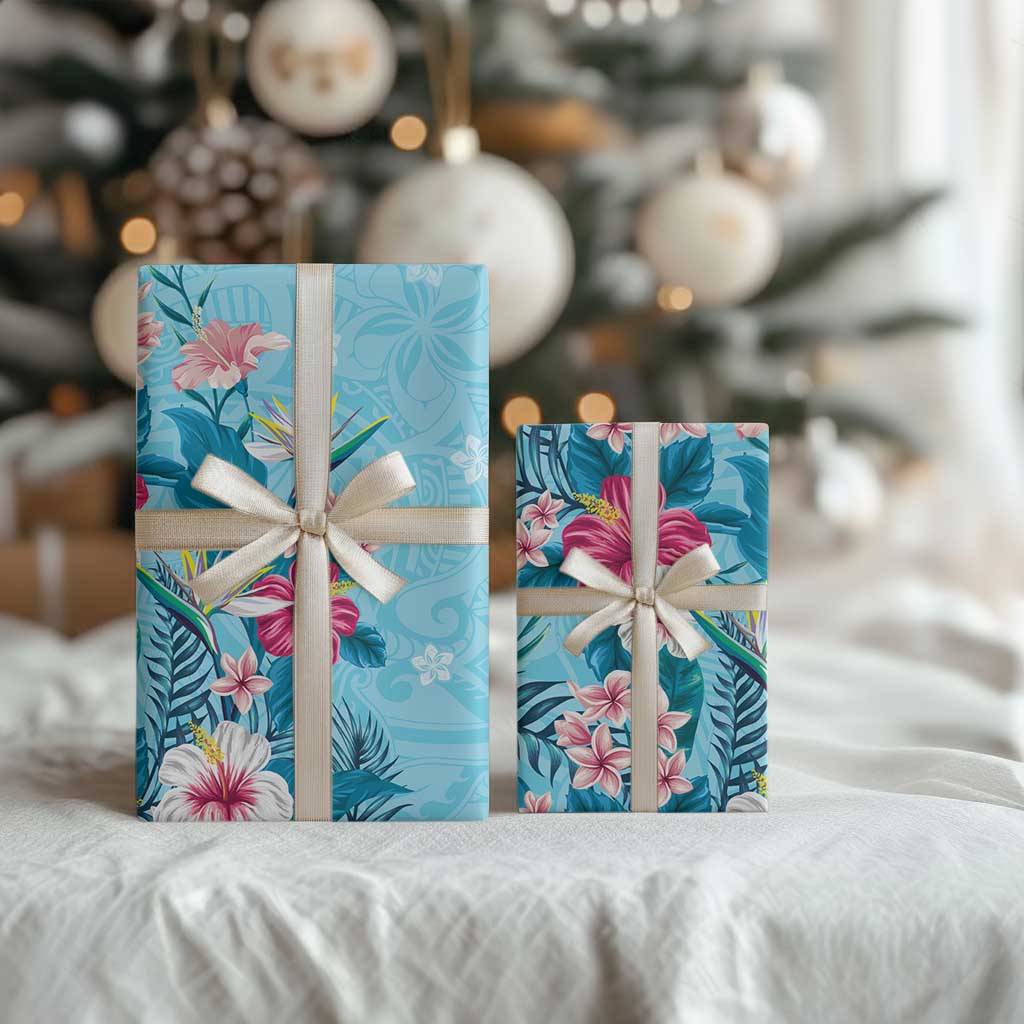 Hawaii Tropical Flowers Wrapping Paper Polynesian Tattoo Sky Blue - Polynesian Pride
