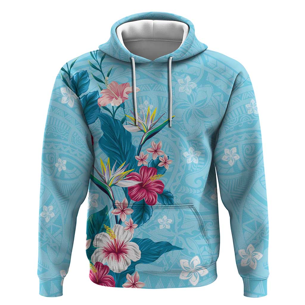 Hawaii Tropical Flowers Zip Hoodie Polynesian Tattoo Sky Blue