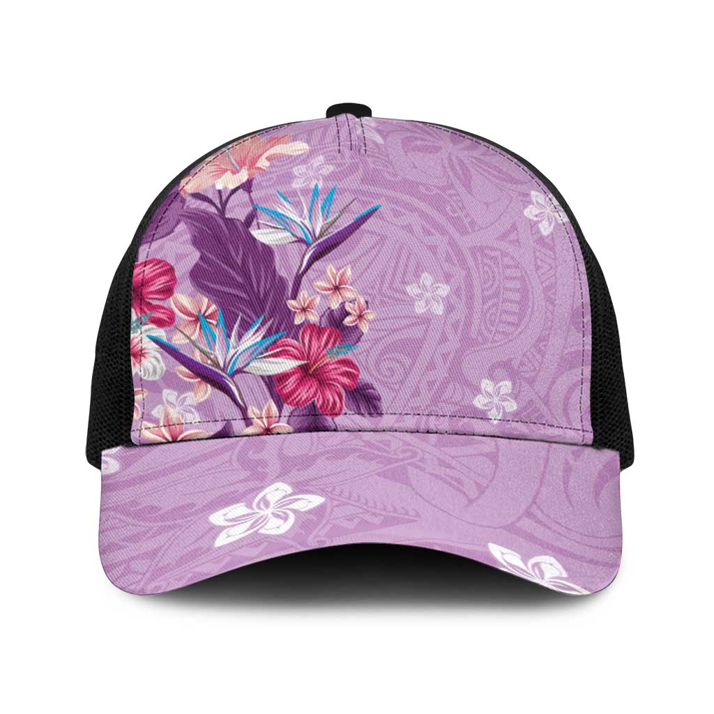 Hawaii Tropical Flowers Baseball Net Cap Polynesian Tattoo Lavender