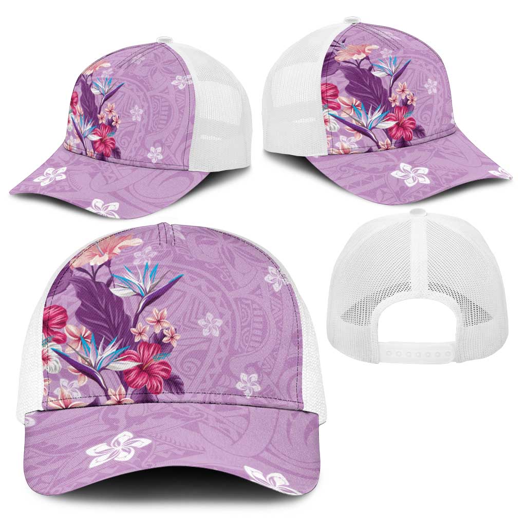 Hawaii Tropical Flowers Baseball Net Cap Polynesian Tattoo Lavender