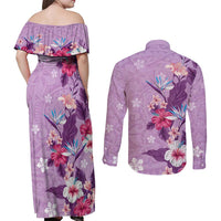 Hawaii Tropical Flowers Couples Matching Off Shoulder Maxi Dress and Long Sleeve Button Shirt Polynesian Tattoo Lavender