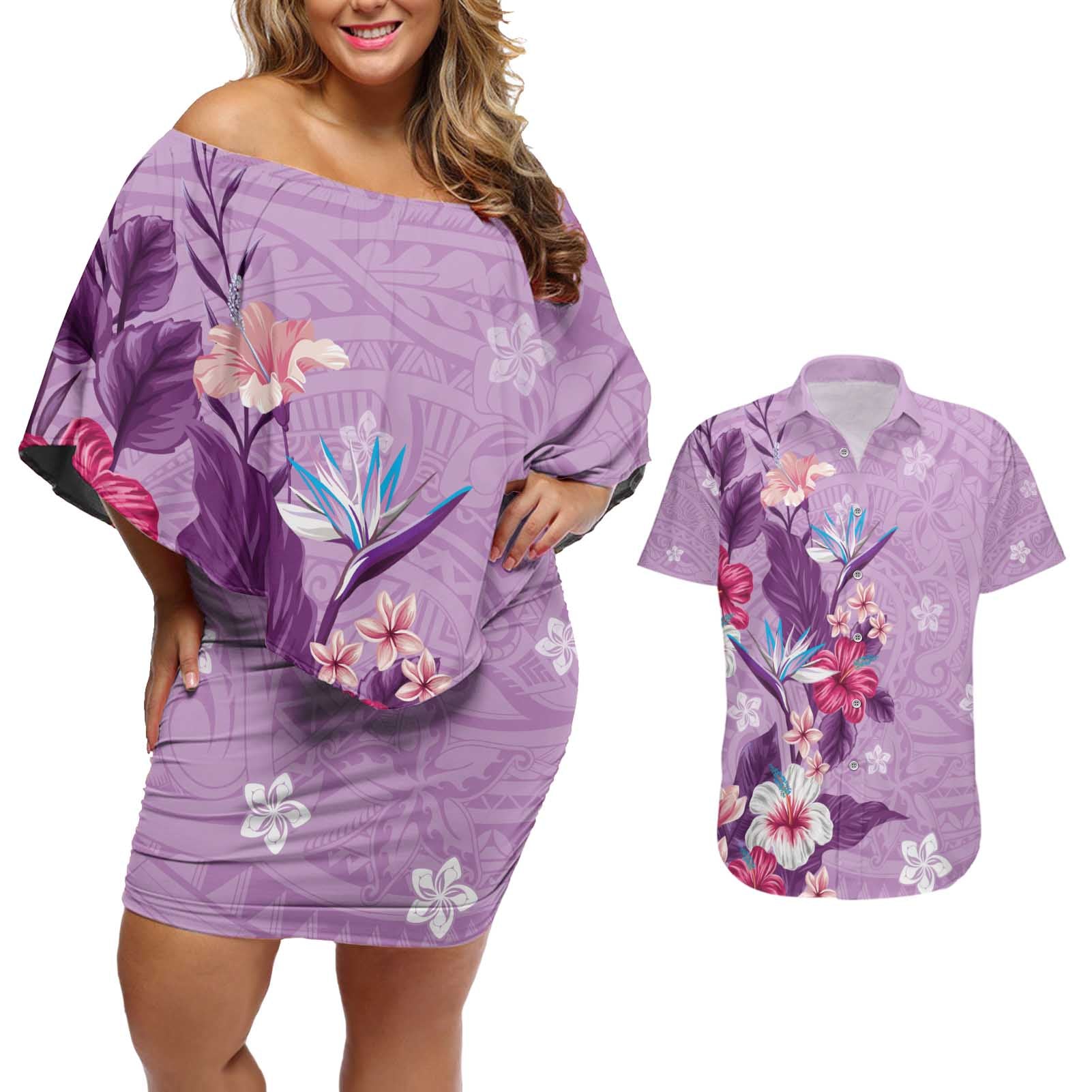 Hawaii Tropical Flowers Couples Matching Off Shoulder Short Dress and Hawaiian Shirt Polynesian Tattoo Lavender