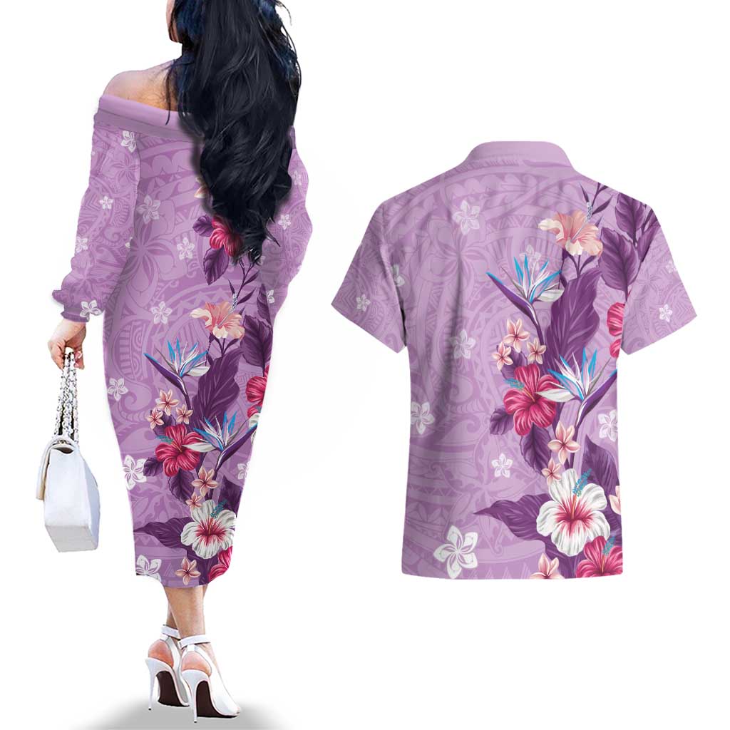 Hawaii Tropical Flowers Couples Matching Off The Shoulder Long Sleeve Dress and Hawaiian Shirt Polynesian Tattoo Lavender