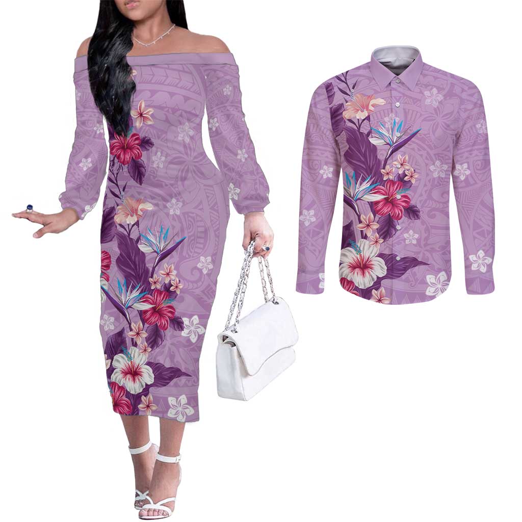 Hawaii Tropical Flowers Couples Matching Off The Shoulder Long Sleeve Dress and Long Sleeve Button Shirt Polynesian Tattoo Lavender
