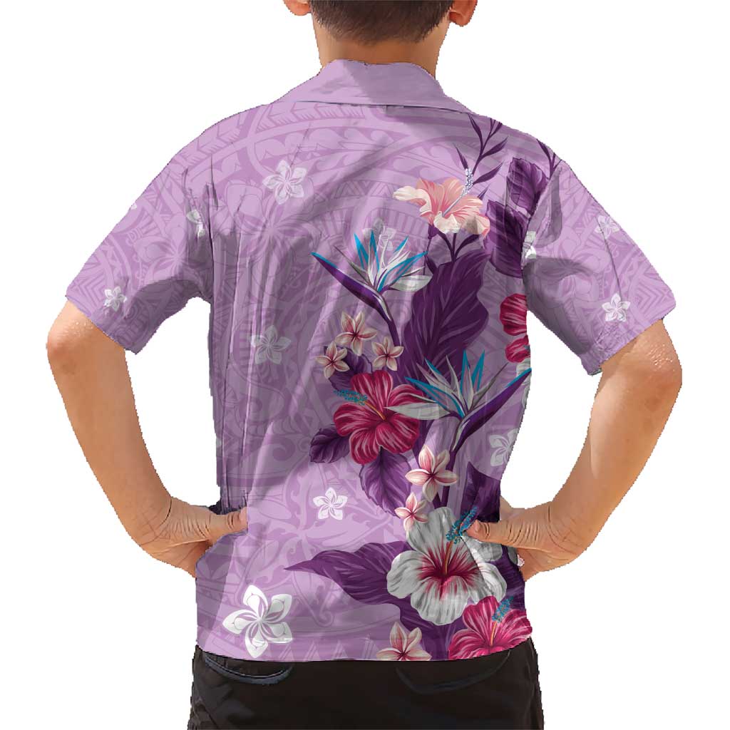 Hawaii Tropical Flowers Family Matching Short Sleeve Bodycon Dress and Hawaiian Shirt Polynesian Tattoo Lavender
