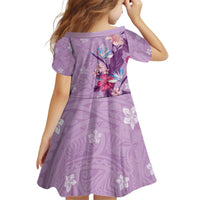 Hawaii Tropical Flowers Kid Short Sleeve Dress Polynesian Tattoo Lavender