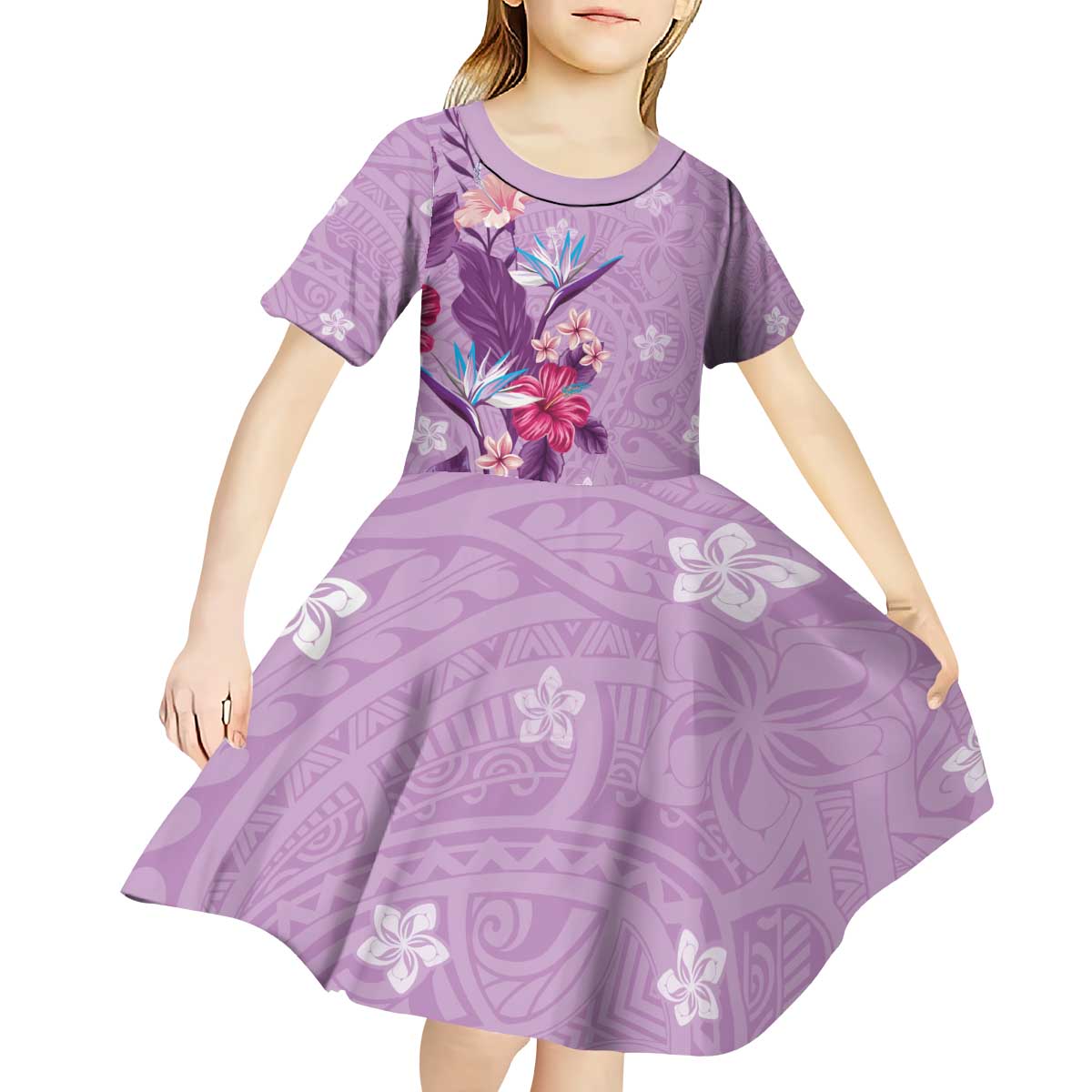 Hawaii Tropical Flowers Kid Short Sleeve Dress Polynesian Tattoo Lavender