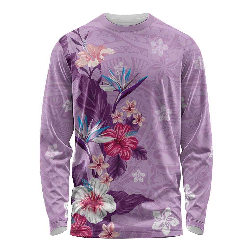 Hawaii Tropical Flowers Long Sleeve Shirt Polynesian Tattoo Lavender
