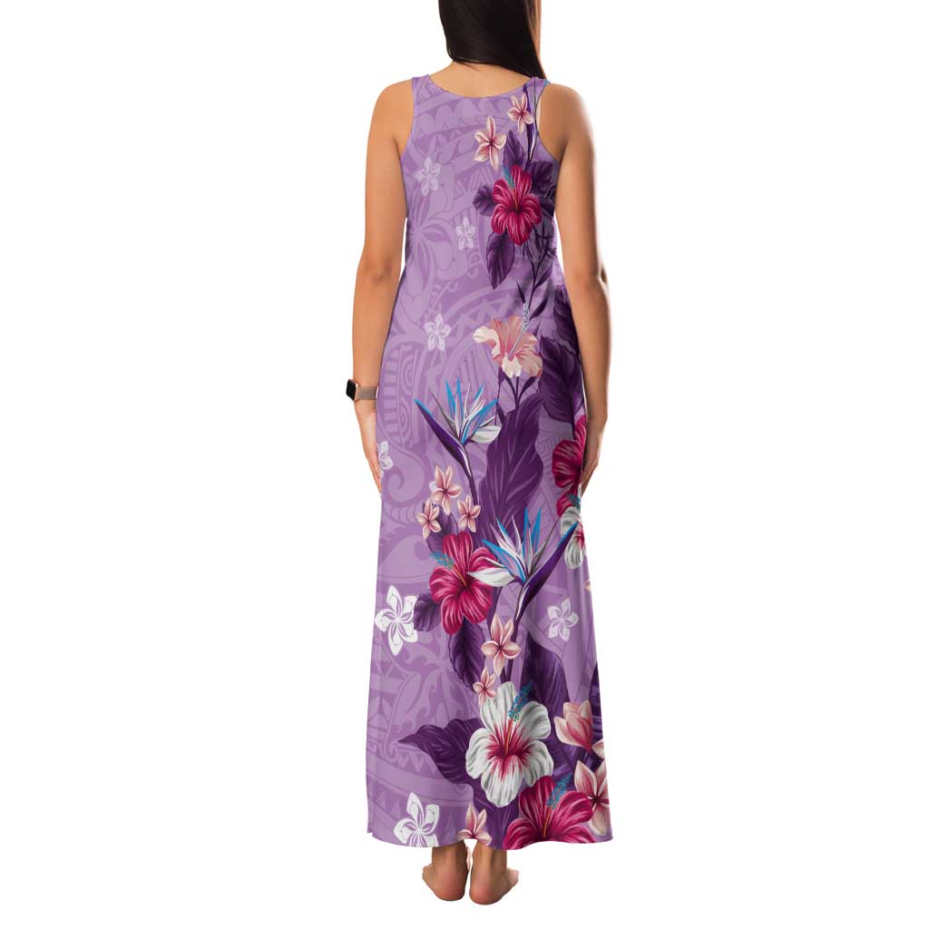 Hawaii Tropical Flowers Tank Maxi Dress Polynesian Tattoo Lavender