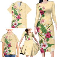 Hawaii Tropical Flowers Family Matching Long Sleeve Bodycon Dress and Hawaiian Shirt Polynesian Tattoo Buttermilk