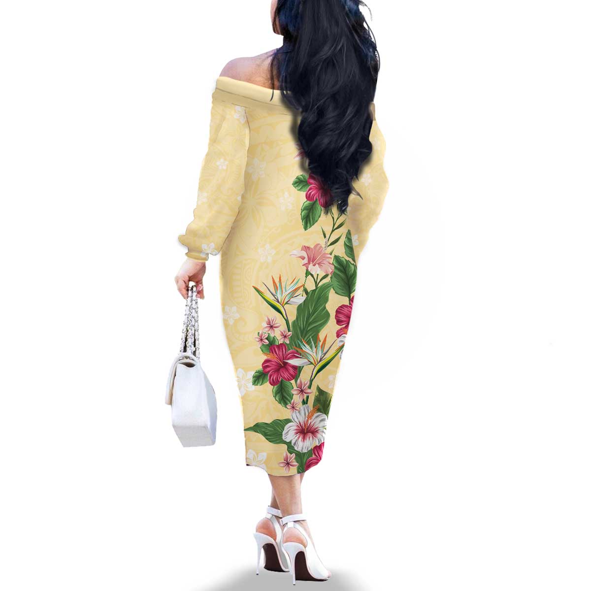 Hawaii Tropical Flowers Family Matching Off The Shoulder Long Sleeve Dress and Hawaiian Shirt Polynesian Tattoo Buttermilk