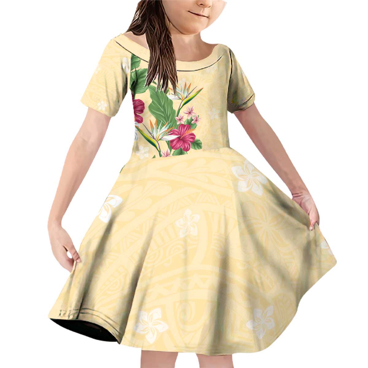 Hawaii Tropical Flowers Family Matching Off Shoulder Short Dress and Hawaiian Shirt Polynesian Tattoo Buttermilk