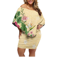 Hawaii Tropical Flowers Family Matching Off Shoulder Short Dress and Hawaiian Shirt Polynesian Tattoo Buttermilk
