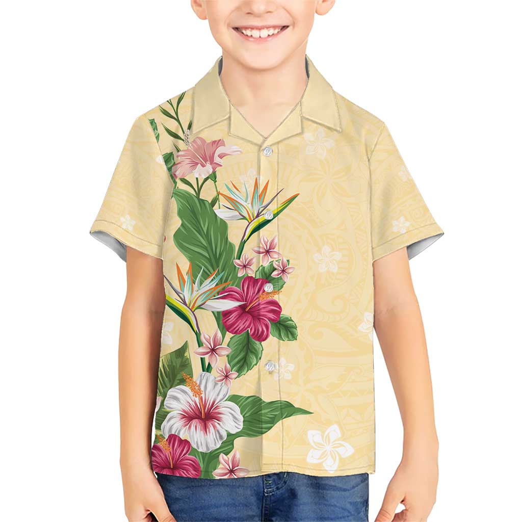 Hawaii Tropical Flowers Kid Hawaiian Shirt Polynesian Tattoo Buttermilk LT05 Kid Beige - Polynesian Pride