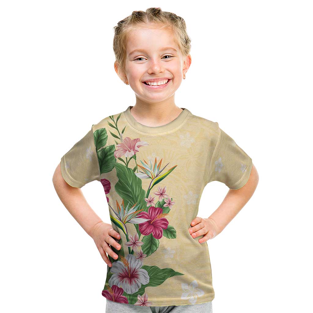 Hawaii Tropical Flowers Kid T Shirt Polynesian Tattoo Buttermilk LT05 Beige - Polynesian Pride