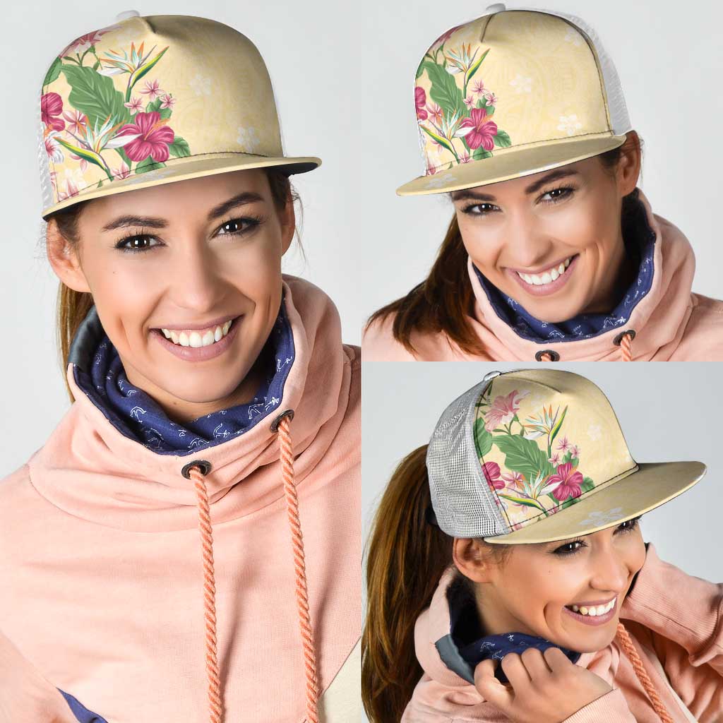 Hawaii Tropical Flowers Mesh Trucker Cap Polynesian Tattoo Buttermilk