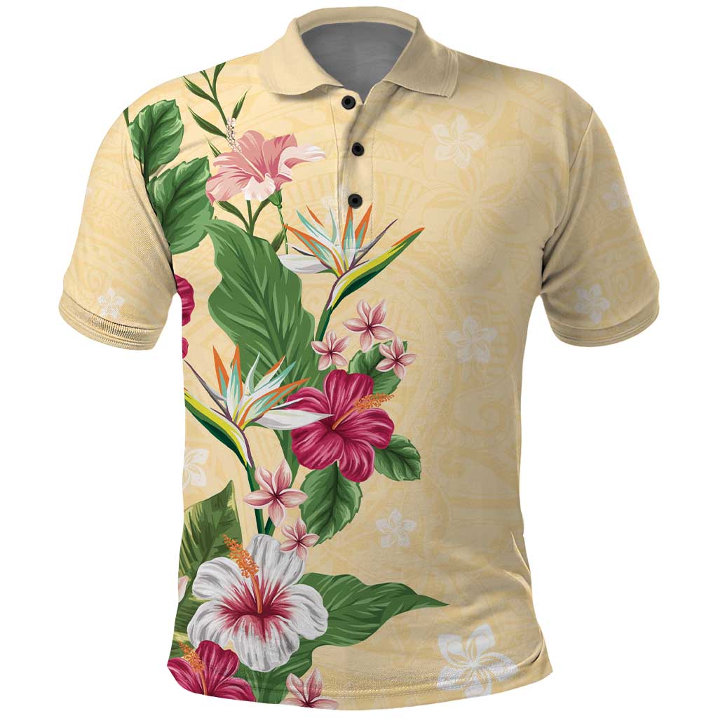 Hawaii Tropical Flowers Polo Shirt Polynesian Tattoo Buttermilk LT05 Beige - Polynesian Pride