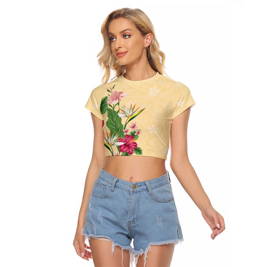 Hawaii Tropical Flowers Raglan Cropped T Shirt Polynesian Tattoo Buttermilk LT05 Female Beige - Polynesian Pride