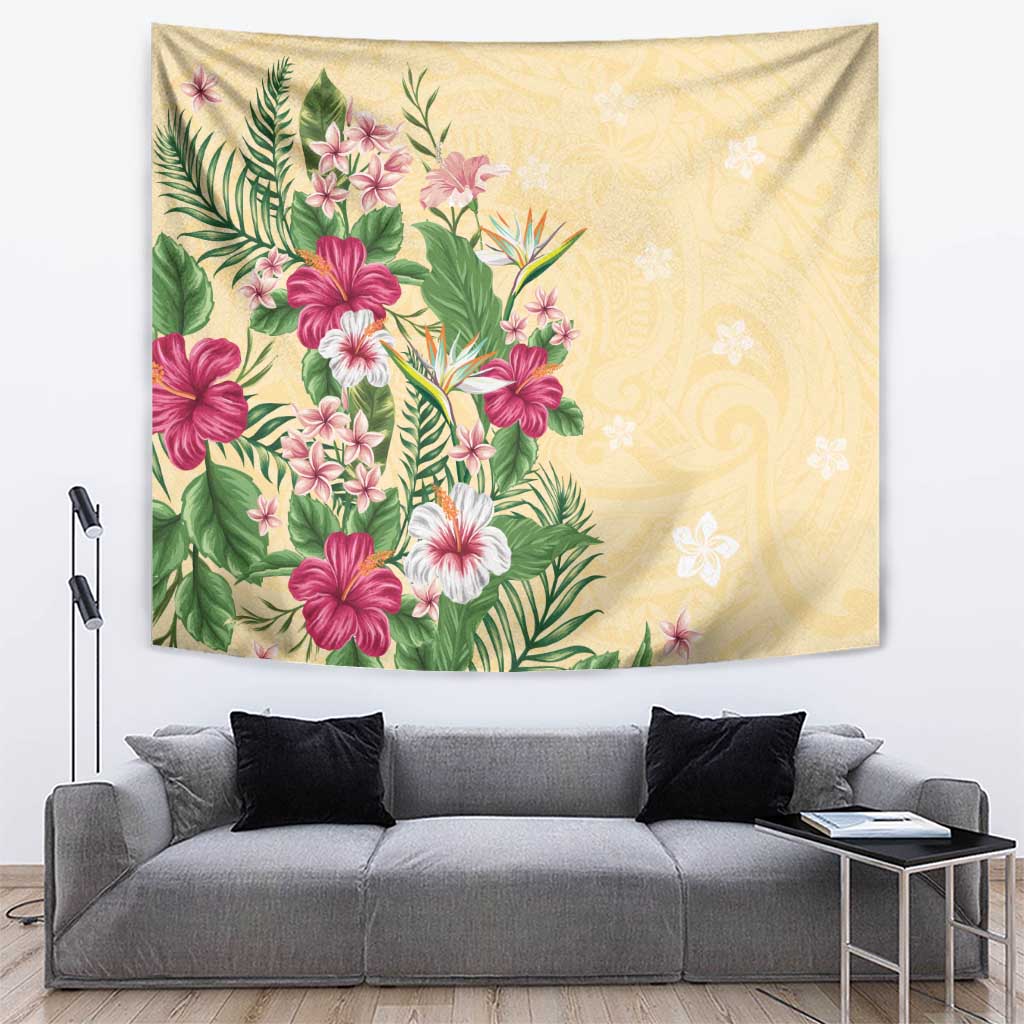 Hawaii Tropical Flowers Tapestry Polynesian Tattoo Buttermilk LT05 Beige - Polynesian Pride