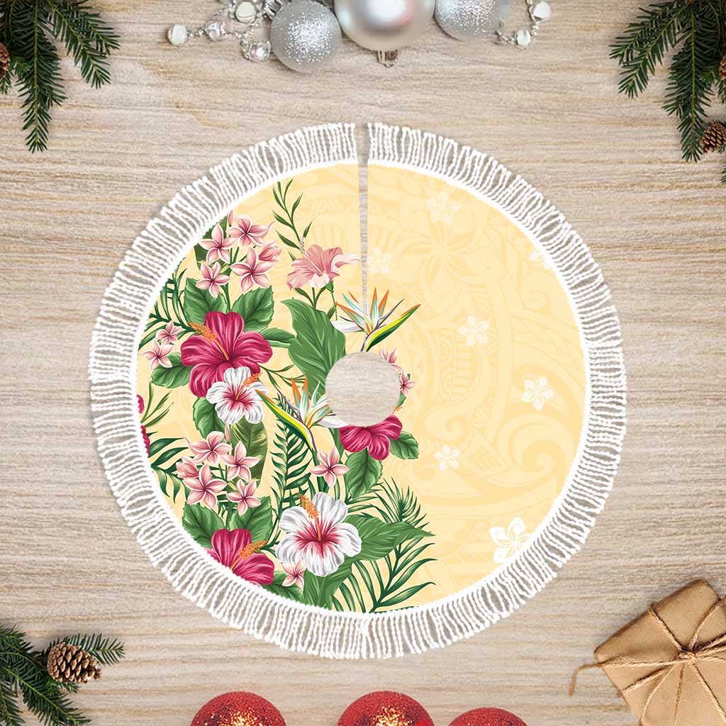 Hawaii Tropical Flowers Tree Skirt Polynesian Tattoo Buttermilk