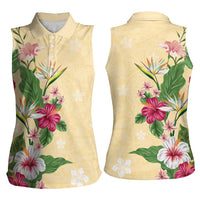 Hawaii Tropical Flowers Women Sleeveless Polo Shirt Polynesian Tattoo Buttermilk
