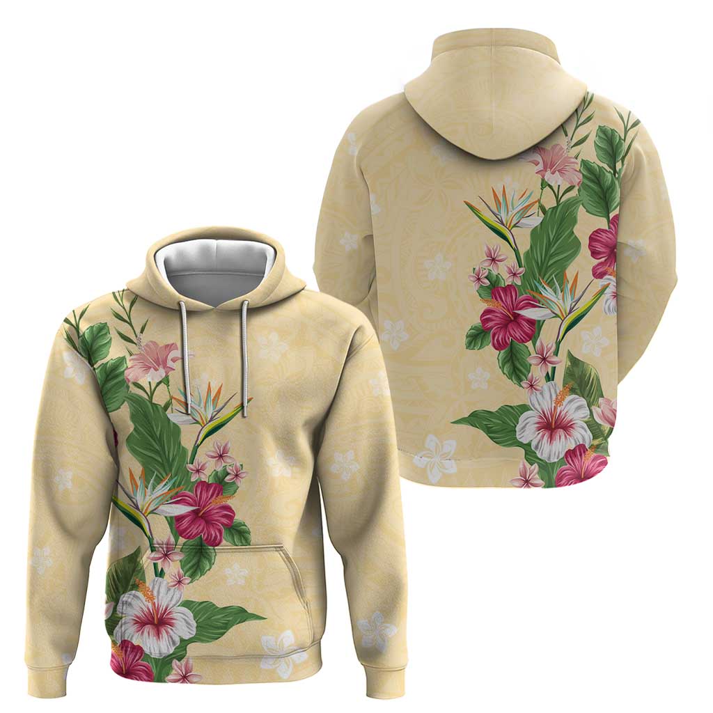 Hawaii Tropical Flowers Zip Hoodie Polynesian Tattoo Buttermilk