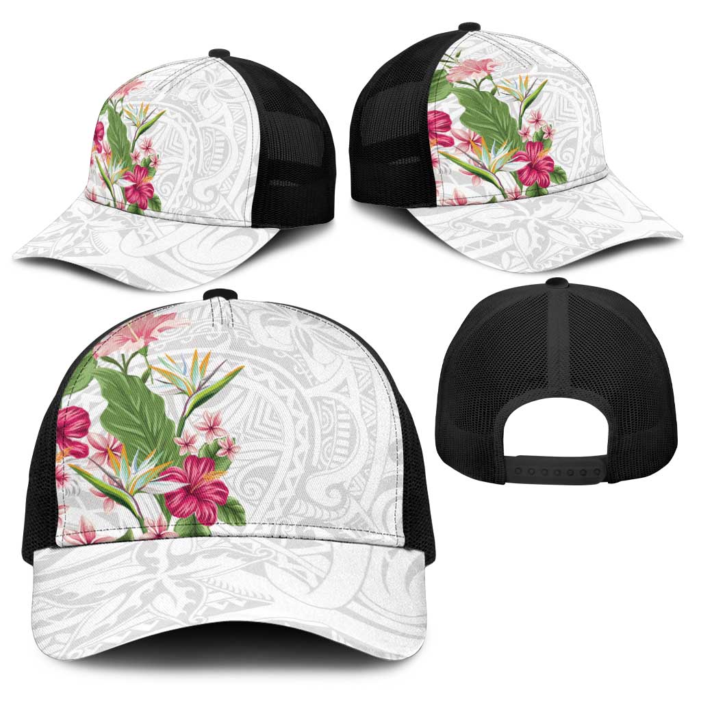 Hawaii Tropical Flowers Baseball Net Cap Polynesian Tattoo White