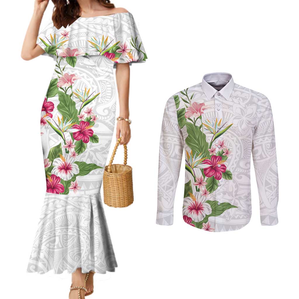 Hawaii Tropical Flowers Couples Matching Mermaid Dress and Long Sleeve Button Shirt Polynesian Tattoo White