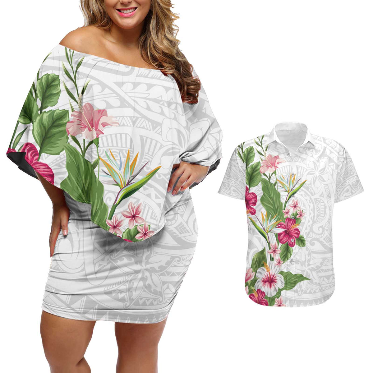 Hawaii Tropical Flowers Couples Matching Off Shoulder Short Dress and Hawaiian Shirt Polynesian Tattoo White