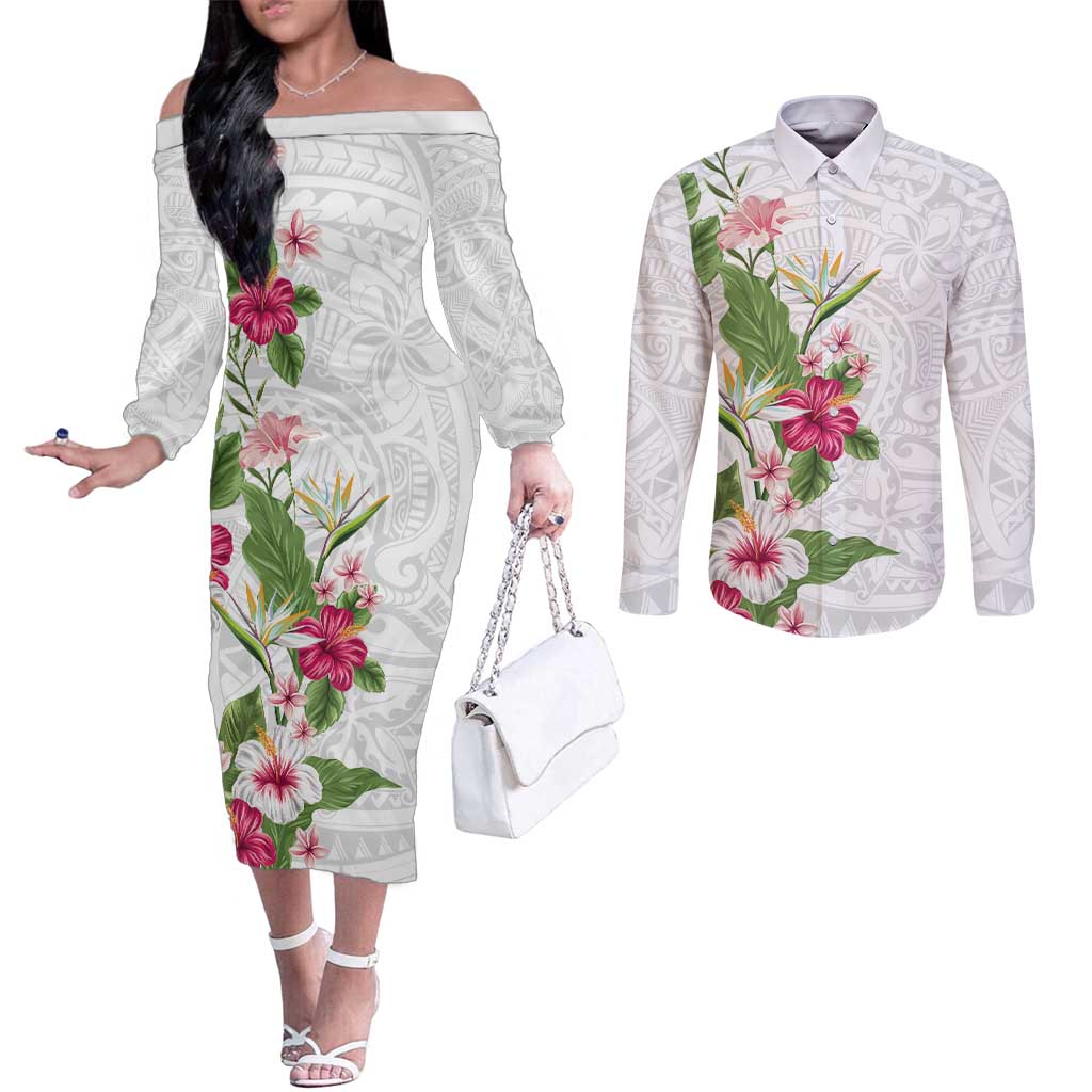 Hawaii Tropical Flowers Couples Matching Off The Shoulder Long Sleeve Dress and Long Sleeve Button Shirt Polynesian Tattoo White