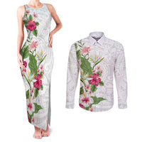 Hawaii Tropical Flowers Couples Matching Tank Maxi Dress and Long Sleeve Button Shirt Polynesian Tattoo White
