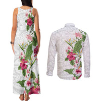 Hawaii Tropical Flowers Couples Matching Tank Maxi Dress and Long Sleeve Button Shirt Polynesian Tattoo White