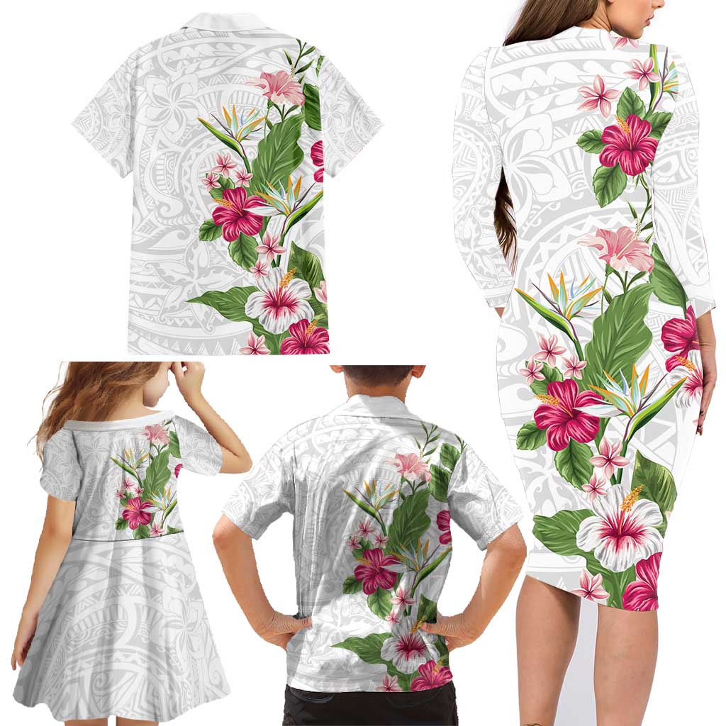 Hawaii Tropical Flowers Family Matching Long Sleeve Bodycon Dress and Hawaiian Shirt Polynesian Tattoo White