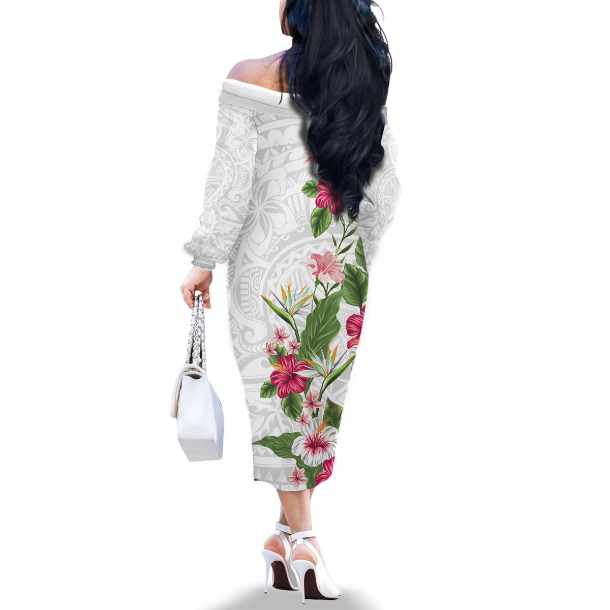 Hawaii Tropical Flowers Family Matching Off The Shoulder Long Sleeve Dress and Hawaiian Shirt Polynesian Tattoo White