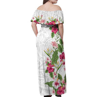 Hawaii Tropical Flowers Family Matching Off Shoulder Maxi Dress and Hawaiian Shirt Polynesian Tattoo White