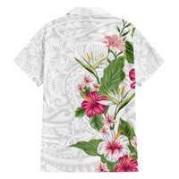 Hawaii Tropical Flowers Family Matching Short Sleeve Bodycon Dress and Hawaiian Shirt Polynesian Tattoo White