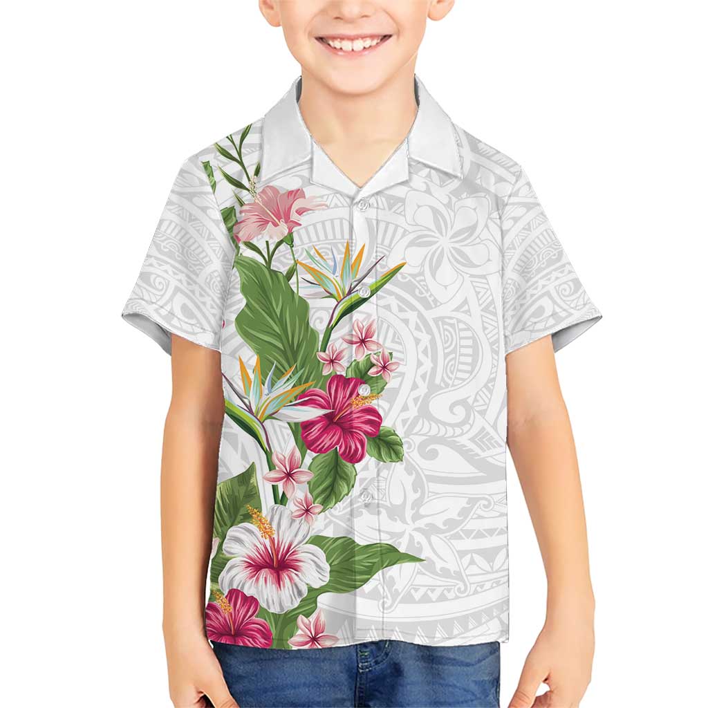 Hawaii Tropical Flowers Family Matching Short Sleeve Bodycon Dress and Hawaiian Shirt Polynesian Tattoo White