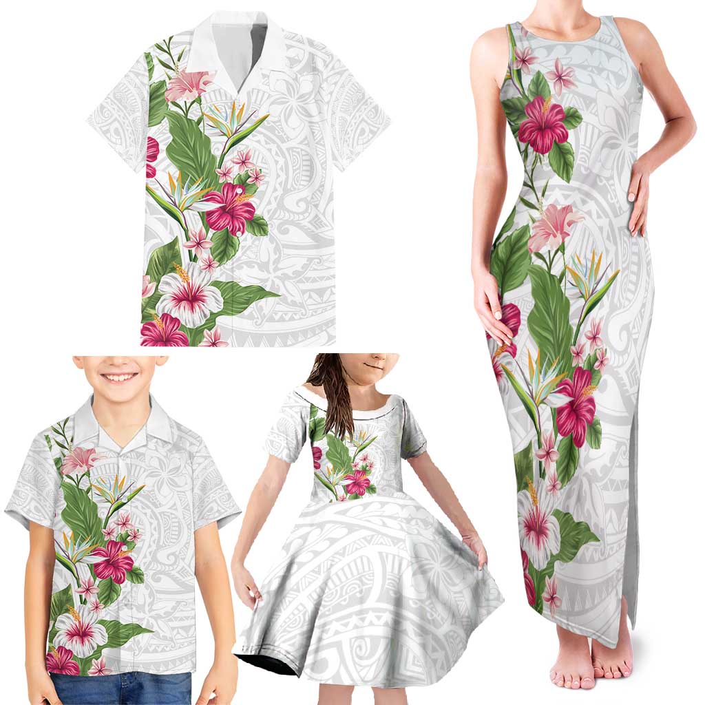 Hawaii Tropical Flowers Family Matching Tank Maxi Dress and Hawaiian Shirt Polynesian Tattoo White