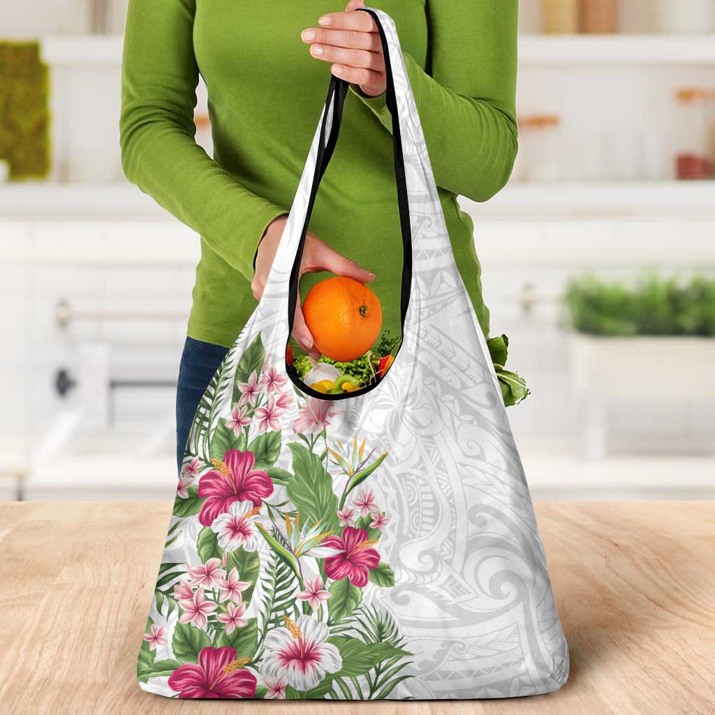 Hawaii Tropical Flowers Grocery Bag Polynesian Tattoo White