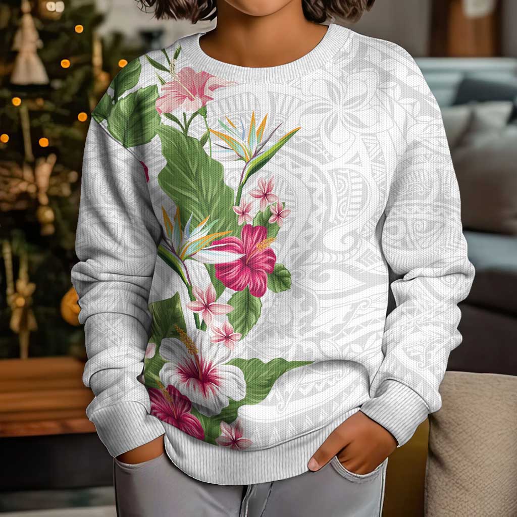 Hawaii Tropical Flowers Kid Ugly Christmas Sweater Polynesian Tattoo White